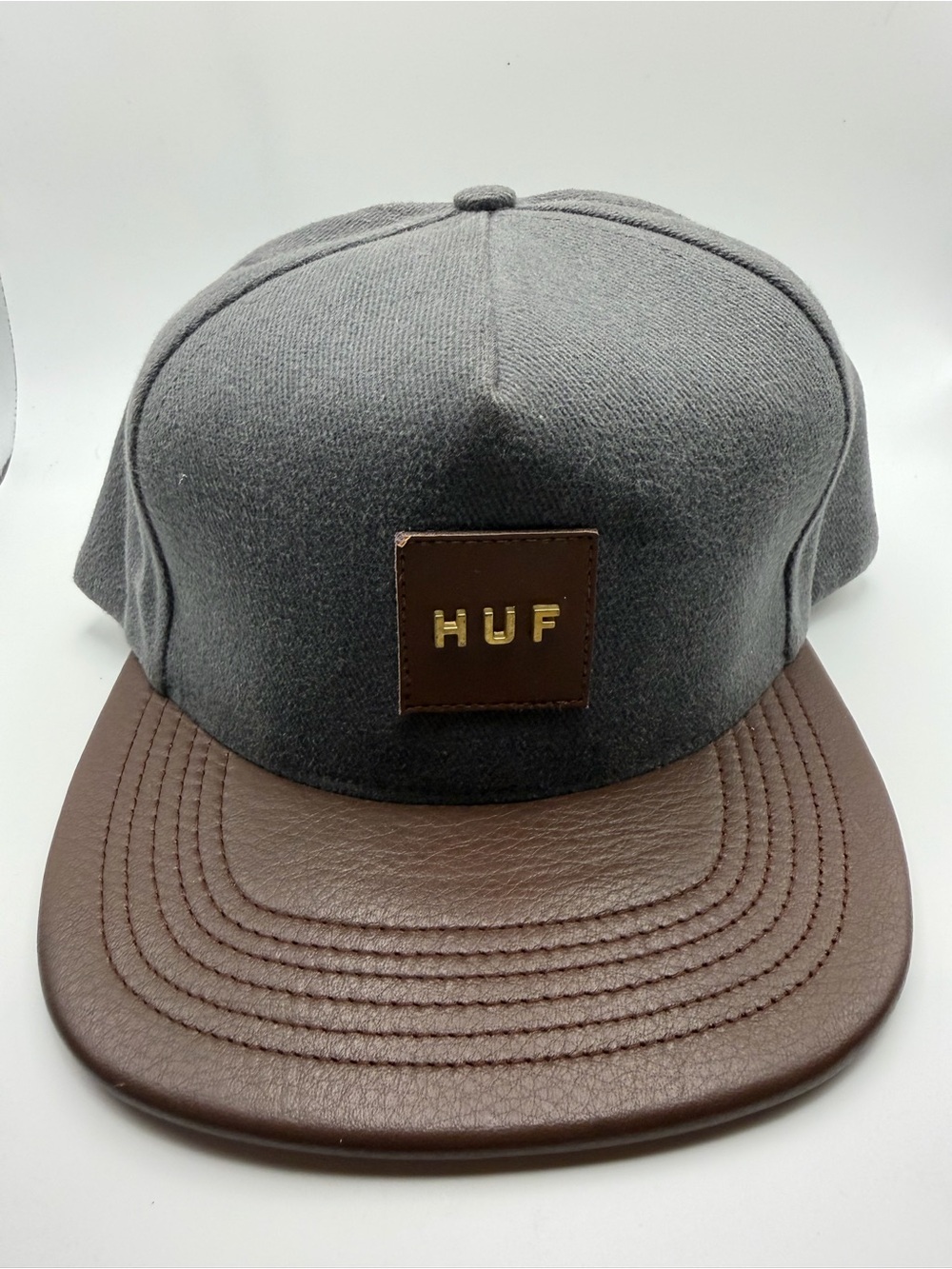HUF Gray Crown with Brown Leather Brim Snapback